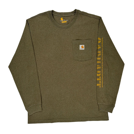 Original Fit Carhartt Spellout Long Sleeve T-Shirt - Medium Khaki Cotton