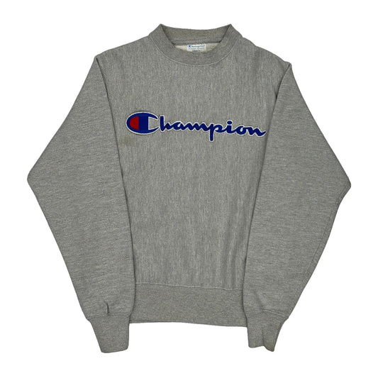 Reverse Weave Champion Spellout Sweatshirt - Small Grey Cotton Blend
