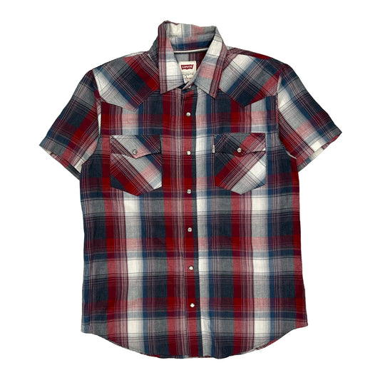 Levis Checked Short Sleeve Shirt - Large Blue Cotton Blend