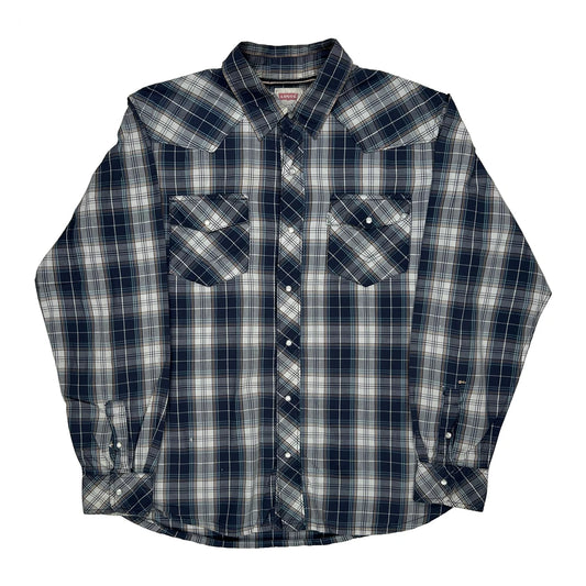 Western Levis Pearl Snap Checked Shirt - Large Blue Cotton