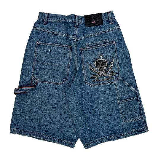 Skull Embroidered Exco Jeans Graphic Baggy Denim Shorts - 30W 11L Blue Cotton