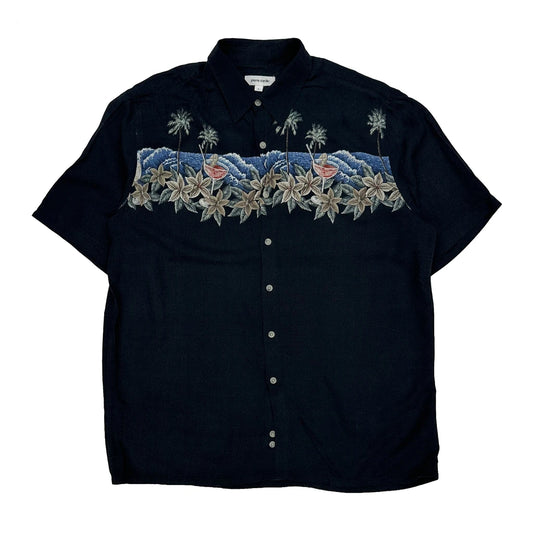 Pierre Cardin Floral Hawaiian Shirt - Large Black Cotton