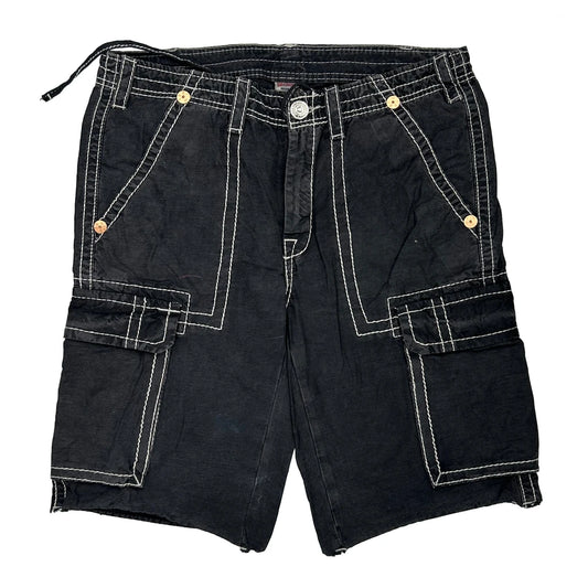 Vintage True Religion Contrast Stitch Cargo Shorts - 33W 11L Black Cotton