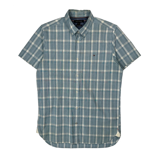 Vintage Tommy Hilfiger Checked Short Sleeve Shirt - Large Blue Cotton