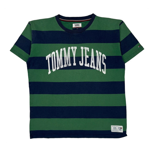 Vintage Tommy Jeans Striped T-Shirt - Large Green Cotton