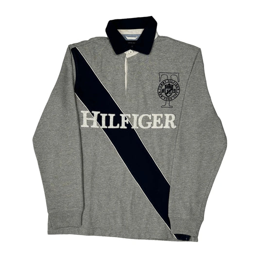 Vintage Tommy Hilfiger Spellout Rugby Shirt - Small Grey Cotton