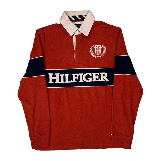 Vintage Tommy Hilfiger Spellout Rugby Shirt - Small Red Cotton