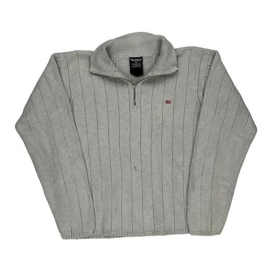 Polo By Ralph Lauren Striped 1/4 Zip - Large Grey Cotton