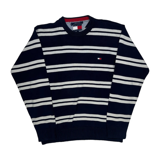 Vintage Tommy Hilfiger Striped Chunky Knit Jumper - Medium Navy Cotton