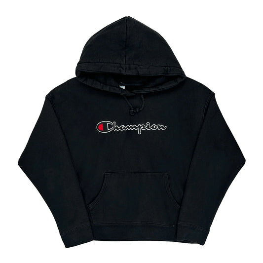 Vintage Reverse Weave Champion Spellout Hoodie - Large Black Cotton Blend