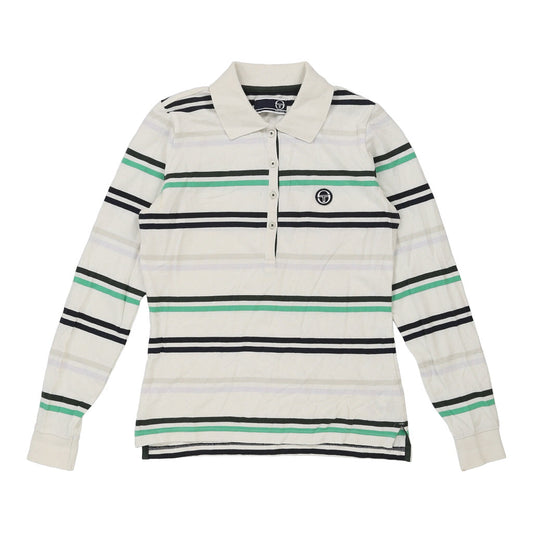 Vintage Sergio Tacchini Striped Long Sleeve Polo Shirt - Small White Cotton