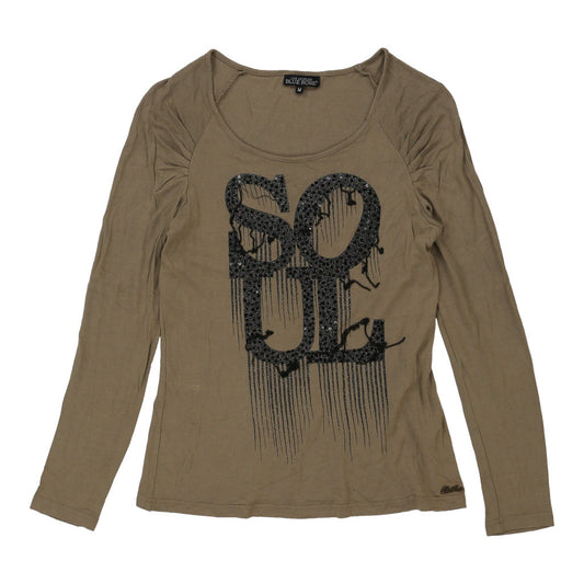 Vintage Soul Blue Rose Graphic Long Sleeve Top - Medium Khaki Cotton