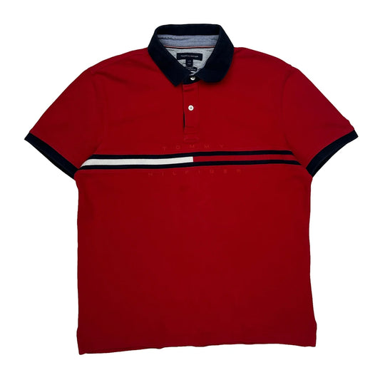 Vintage Tommy Hilfiger Striped Polo Shirt - Large Red Cotton