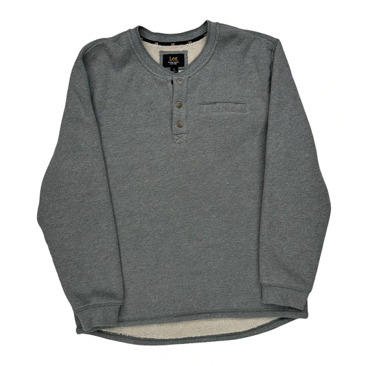 Vintage Sherpa Lined Lee Henley Sweatshirt - XL Grey Cotton