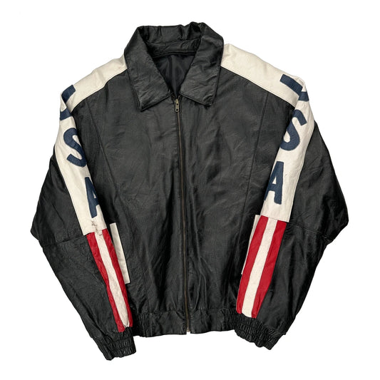 Vintage USA Flag Unbranded Graphic Leather Jacket - Large Black Leather