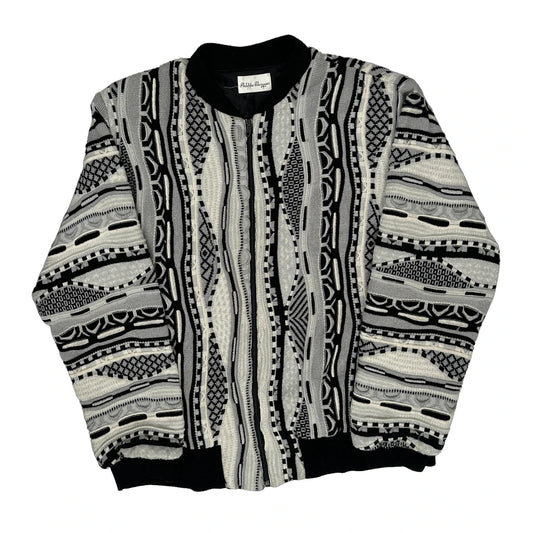 1980S Shoulder Pads Philippe Marques Coogi Style 3D Knit Jumper - Medium Black & White Acrylic