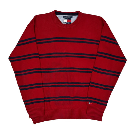 Vintage Tommy Hilfiger Striped Jumper - Medium Red Cotton