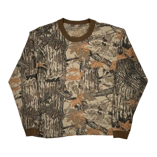 Hunting Mossy Oak Camo Ringer Long Sleeve T-Shirt - Large Brown Cotton