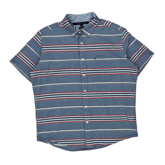 Tommy Hilfiger Striped Short Sleeve Shirt - Large Blue Cotton