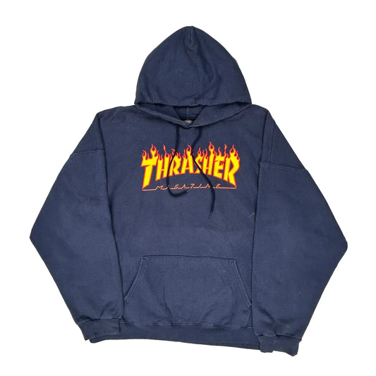 Vintage Flame Logo Thrasher Graphic Hoodie - XL Blue Cotton