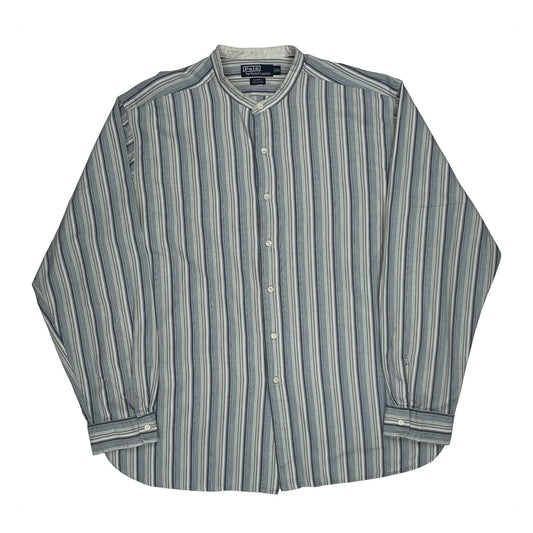 Collarless Polo By Ralph Lauren Striped Shirt - XL Blue Cotton