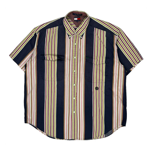 Vintage Tommy Hilfiger Striped Short Sleeve Shirt - XL Multicoloured Cotton