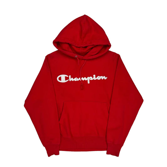 Vintage Reverse Weave Champion Spellout Hoodie - Small Red Cotton