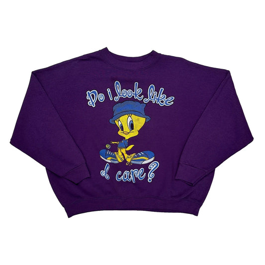 Vintage Tweety Bird Looney Tunes Cartoon Sweatshirt - XL Purple Cotton