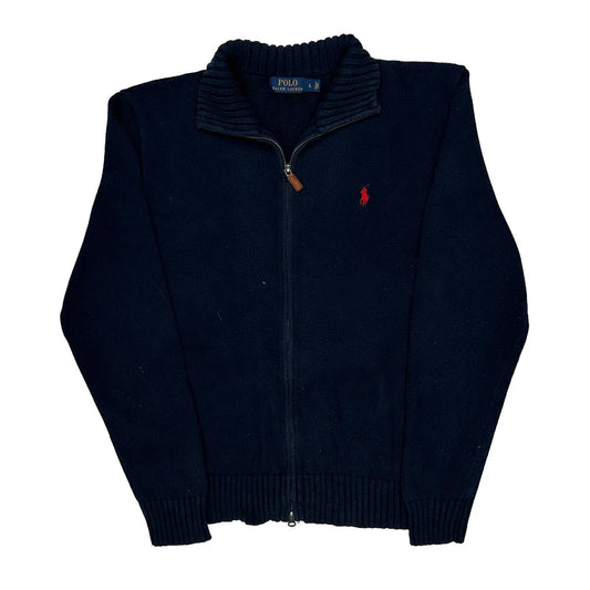 Vintage Polo By Ralph Lauren Chunky Knit Zip Up - Large Navy Cotton