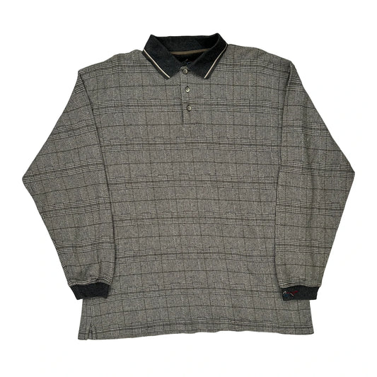 Greg Norman Checked Long Sleeve Polo Shirt - Large Grey Cotton