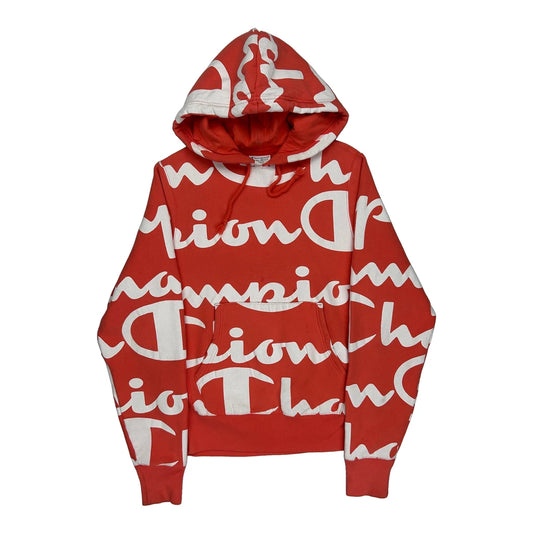 Vintage Reverse Weave Champion Spellout Hoodie - Small Red Cotton Blend