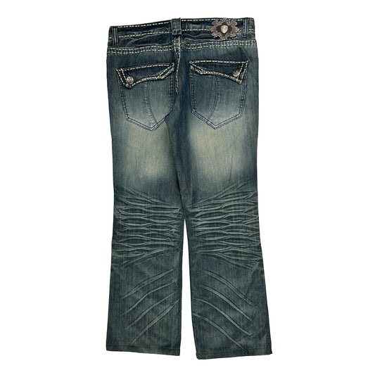 Contrast Stitch Smash Embroidered Boot Cut Jeans - 36W UK 12 Blue Denim