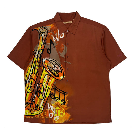 Saxophone Print Havanera Co Graphic Short Sleeve Shirt - XL Brown Polyester
