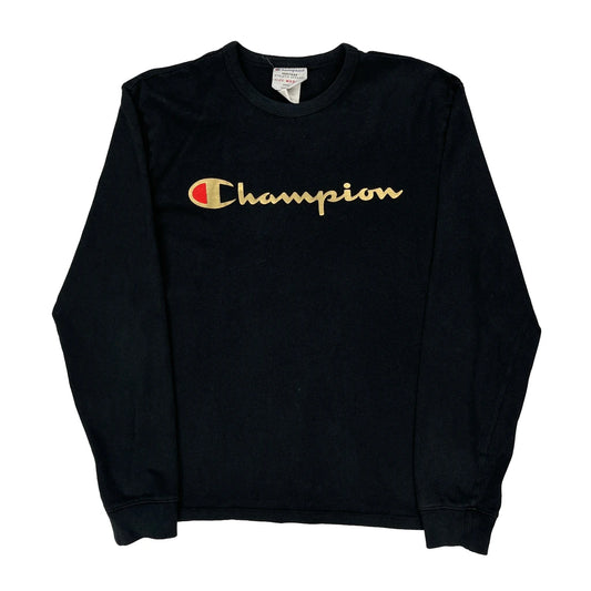 Champion Spellout Long Sleeve T-Shirt - Medium Black Cotton