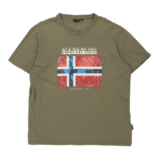 Vintage Napapijri Spellout T-Shirt - 2XL Khaki Cotton
